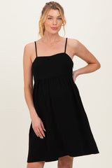 Black Linen Blend Bead Detail Maternity Mini Dress