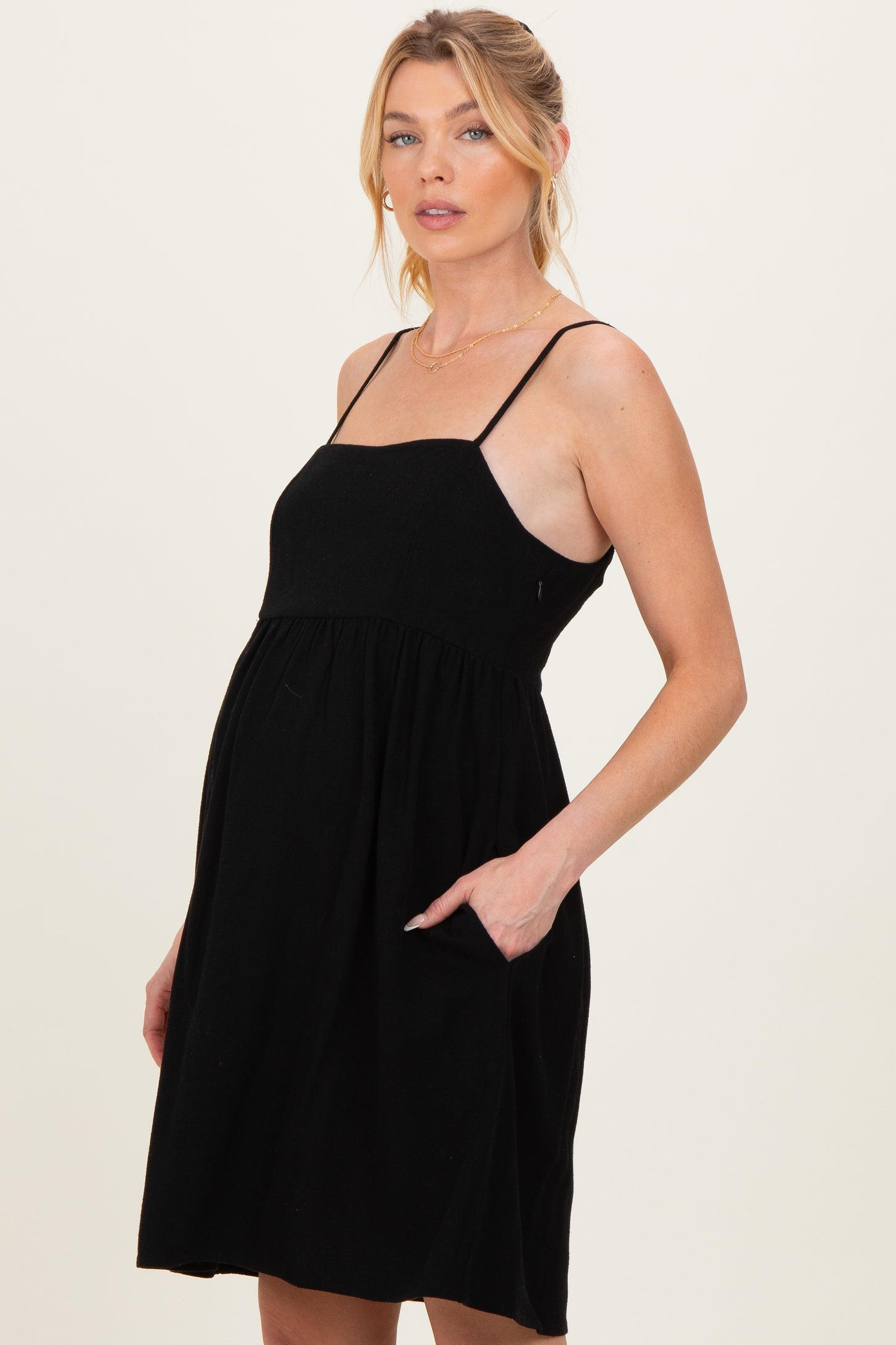 Black Linen Blend Bead Detail Maternity Mini Dress