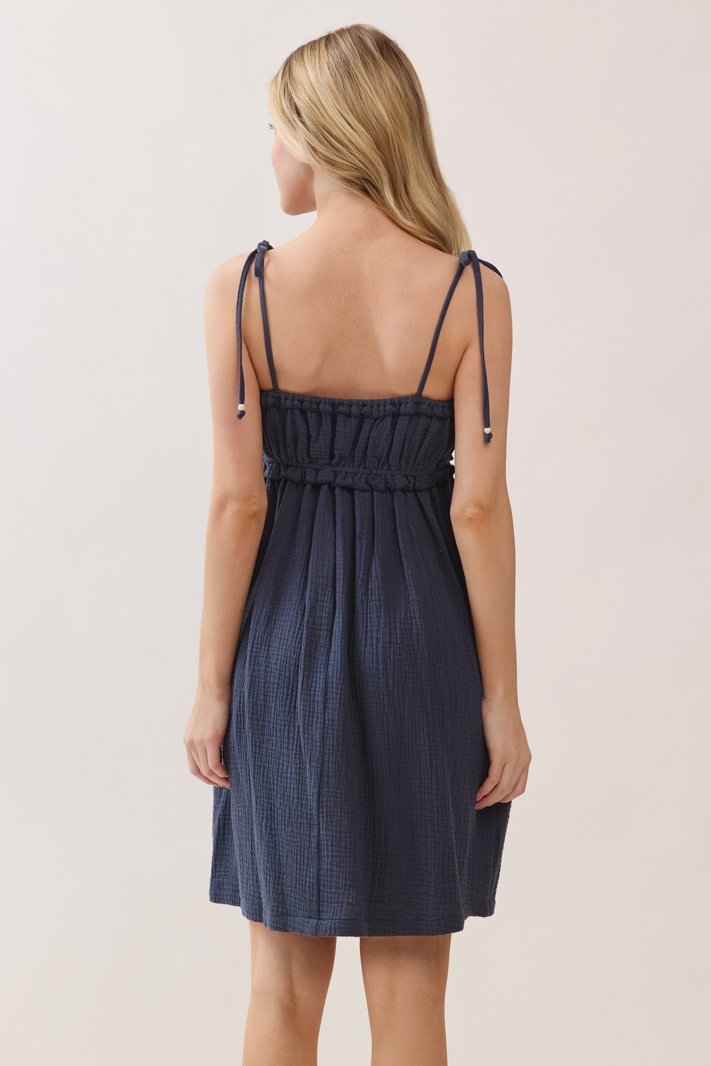Navy Cotton Gauze Ruffle Shoulder Tie Mini Dress – PinkBlush