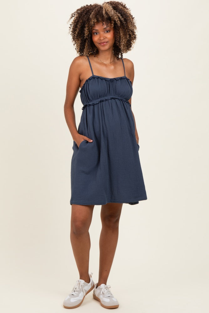 Navy Cotton Gauze Ruffle Shoulder Tie Maternity Mini Dress