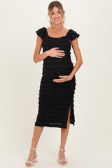 Black Smocked Ruffle Tier Maternity Midi Dress