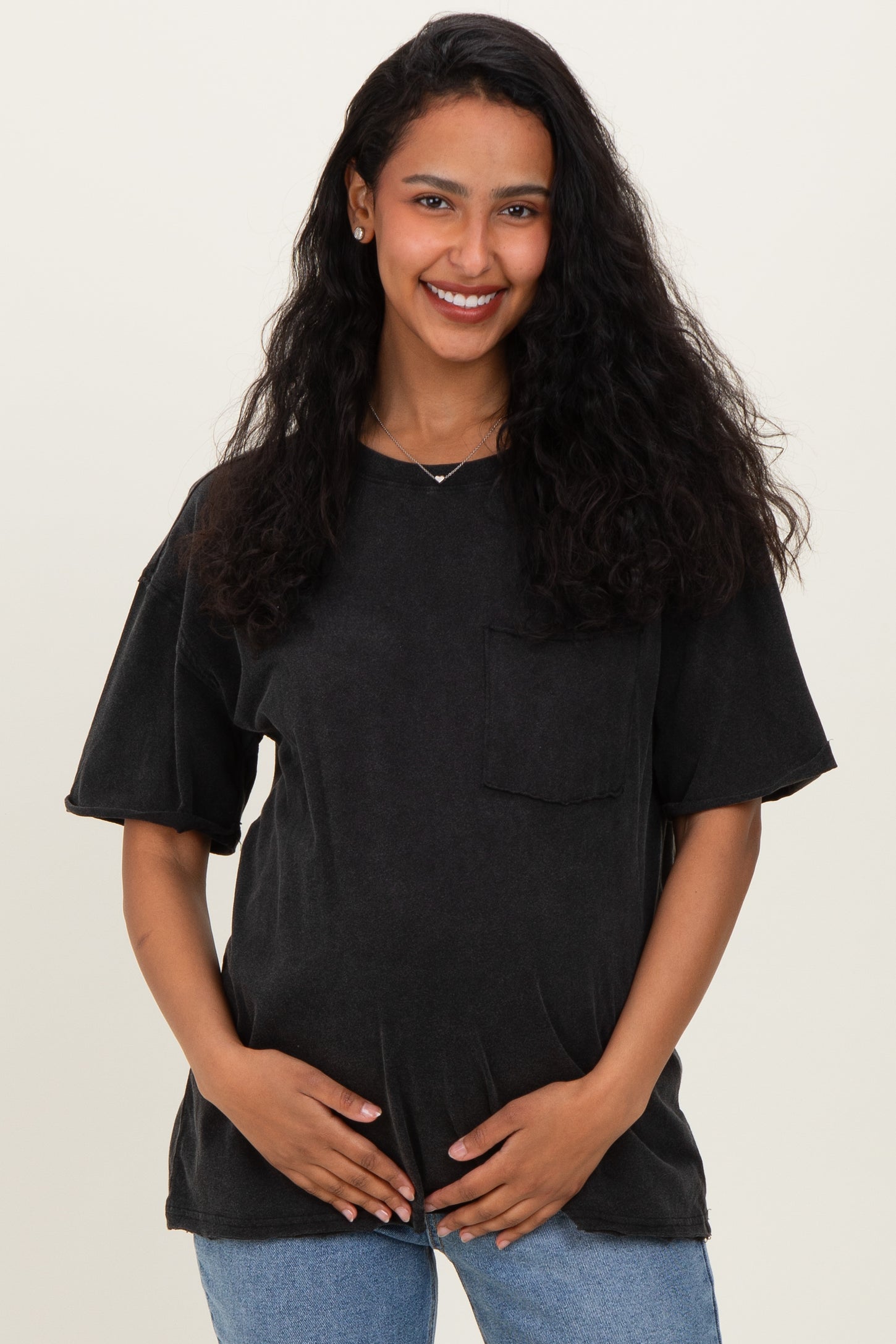 Black Vintage Wash Raw Edge Pocket Maternity T-Shirt
