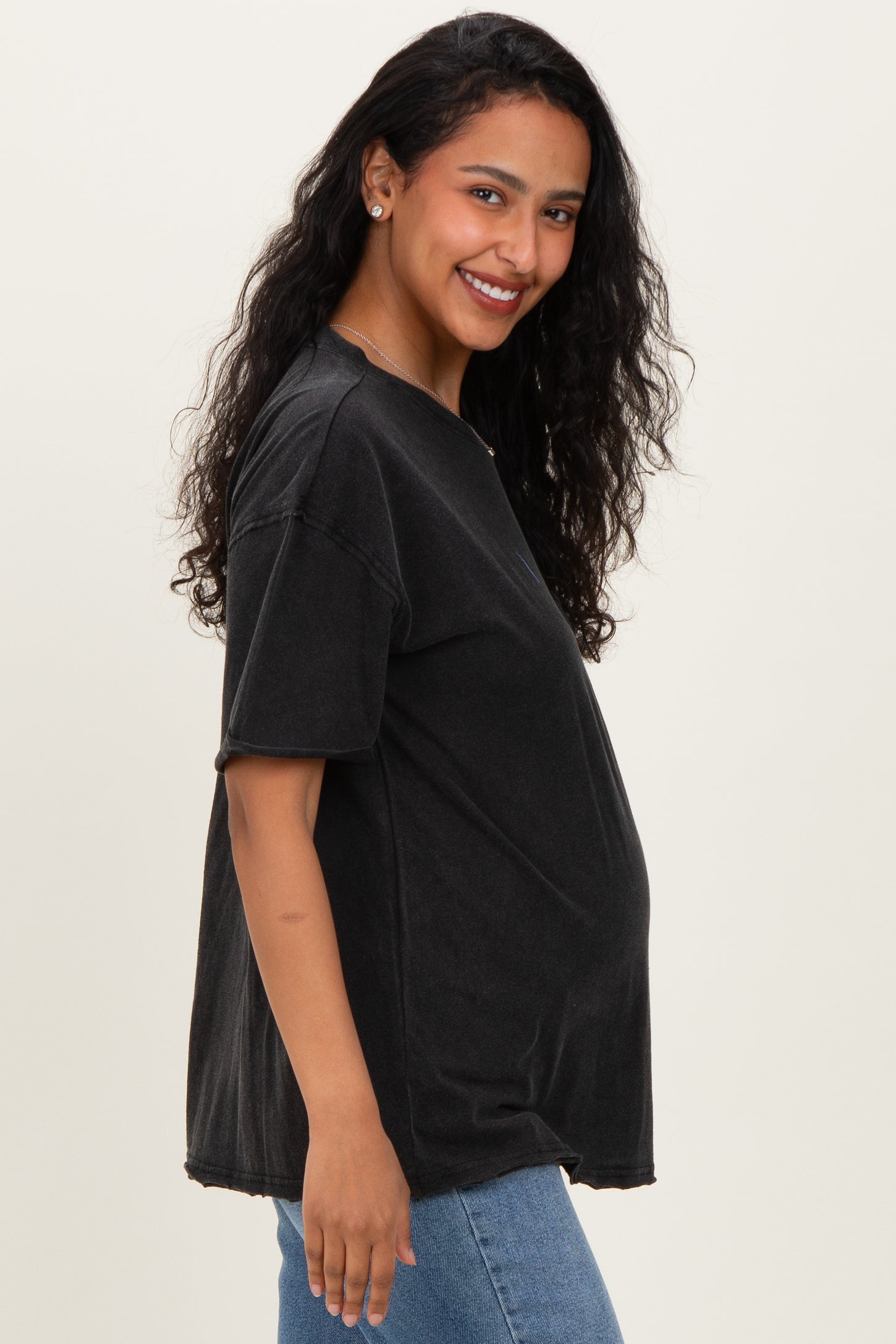 Black Vintage Wash Raw Edge Pocket Maternity T-Shirt