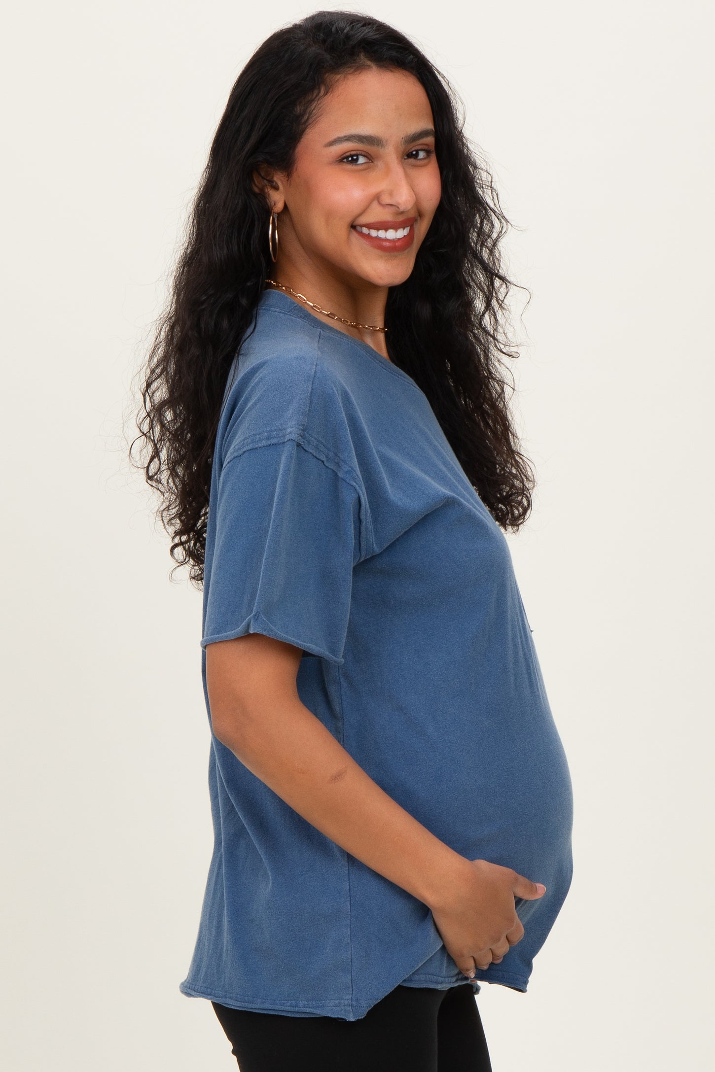 Light Navy Vintage Wash Raw Edge Pocket Maternity T-Shirt