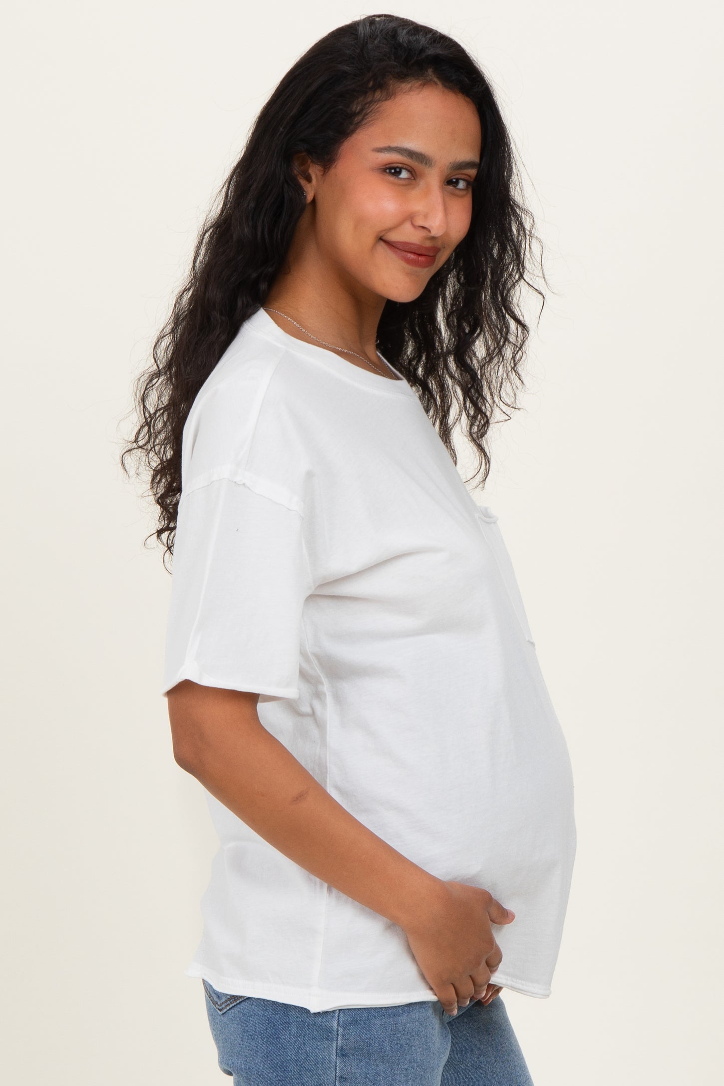 White Vintage Wash Raw Edge Pocket Maternity T-Shirt