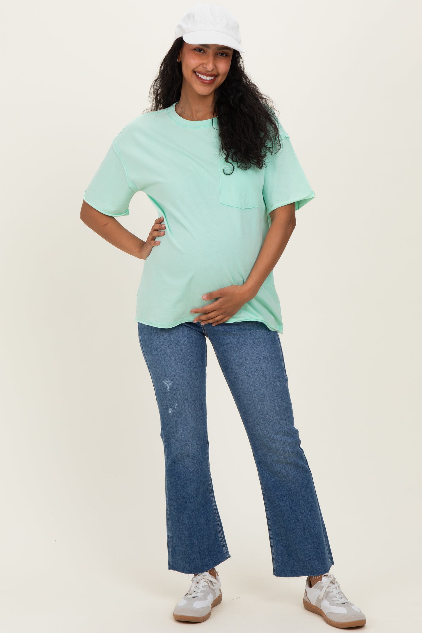 Mint Vintage Wash Raw Edge Pocket Maternity T-Shirt