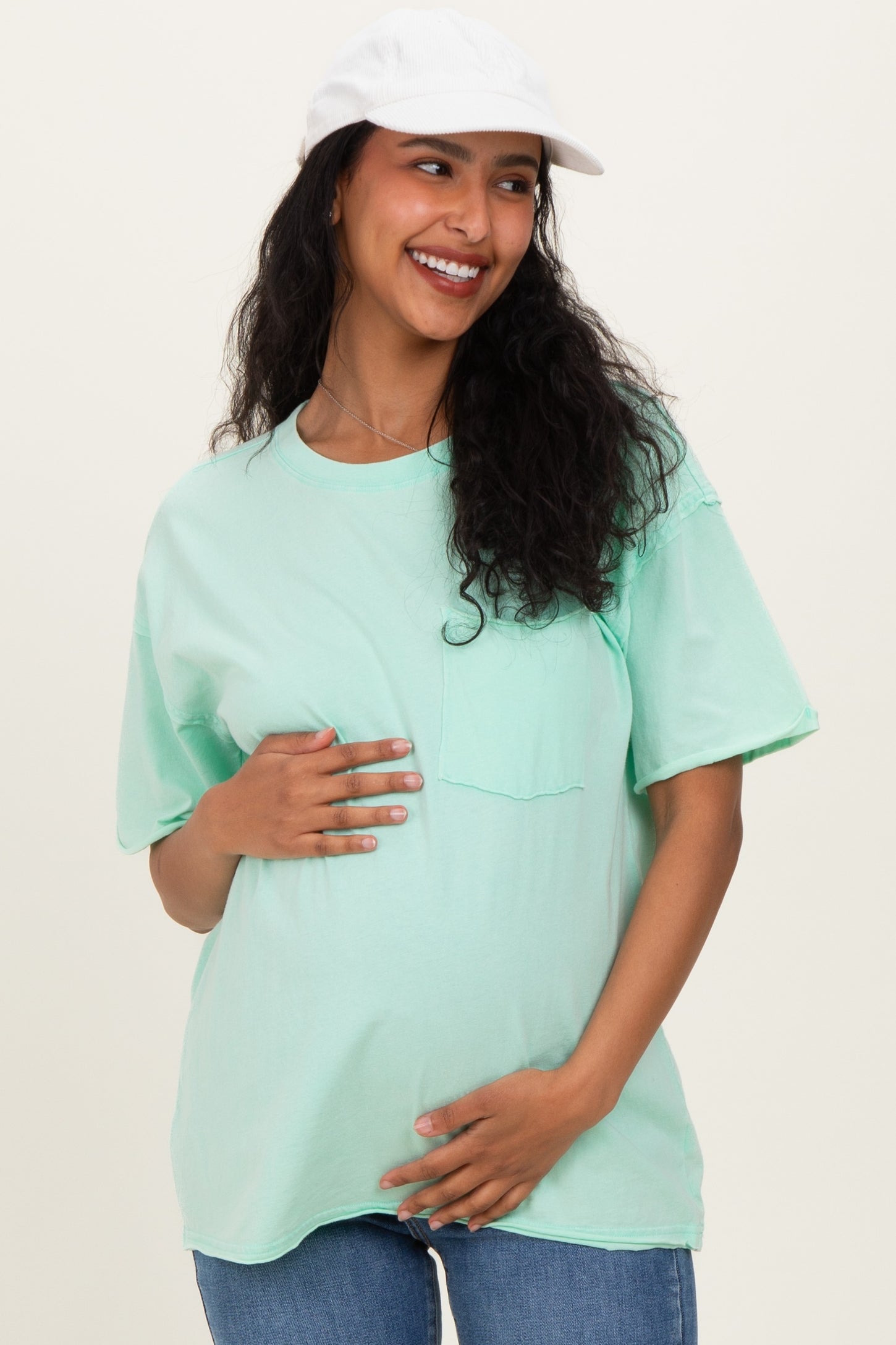 Mint Vintage Wash Raw Edge Pocket Maternity T-Shirt