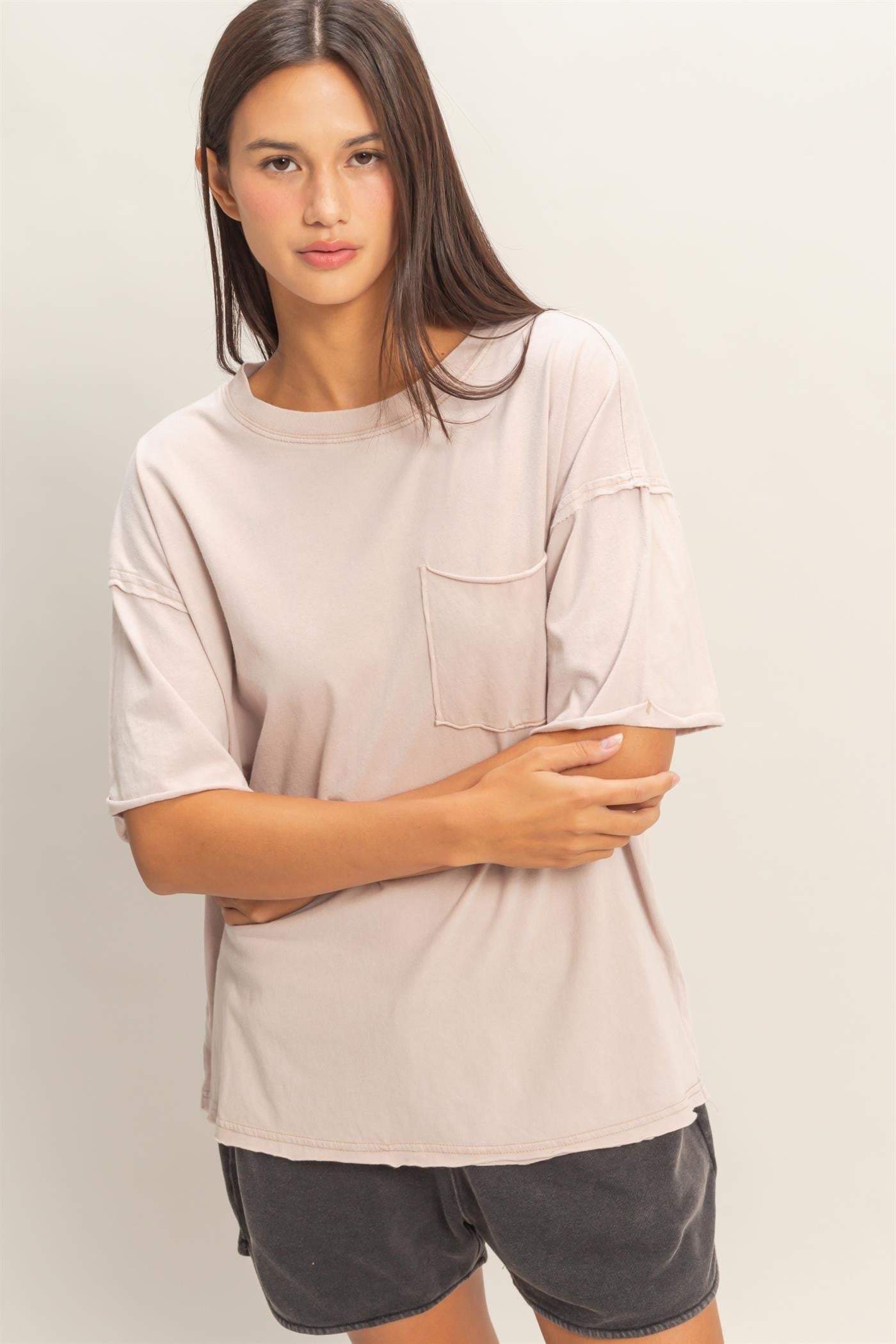 Light Taupe Vintage Wash Raw Edge Pocket Maternity T-Shirt