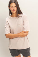 Light Taupe Vintage Wash Raw Edge Pocket Maternity T-Shirt