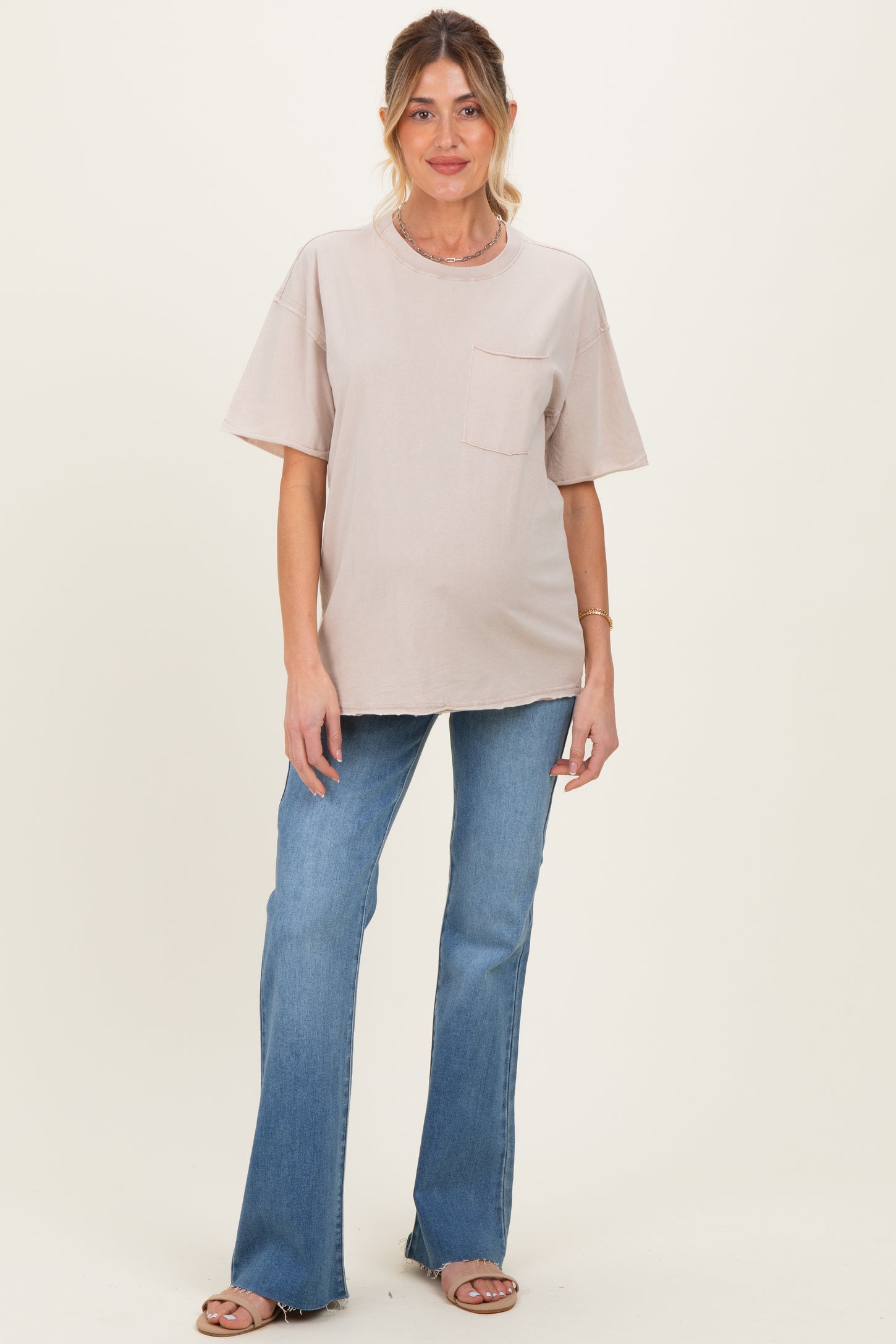 Light Taupe Vintage Wash Raw Edge Pocket Maternity T-Shirt