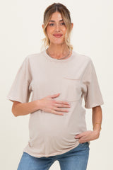 Light Taupe Vintage Wash Raw Edge Pocket Maternity T-Shirt