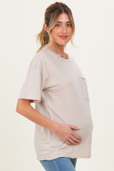 Light Taupe Vintage Wash Raw Edge Pocket Maternity T-Shirt