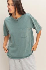 Teal Vintage Wash Raw Edge Pocket Maternity T-Shirt