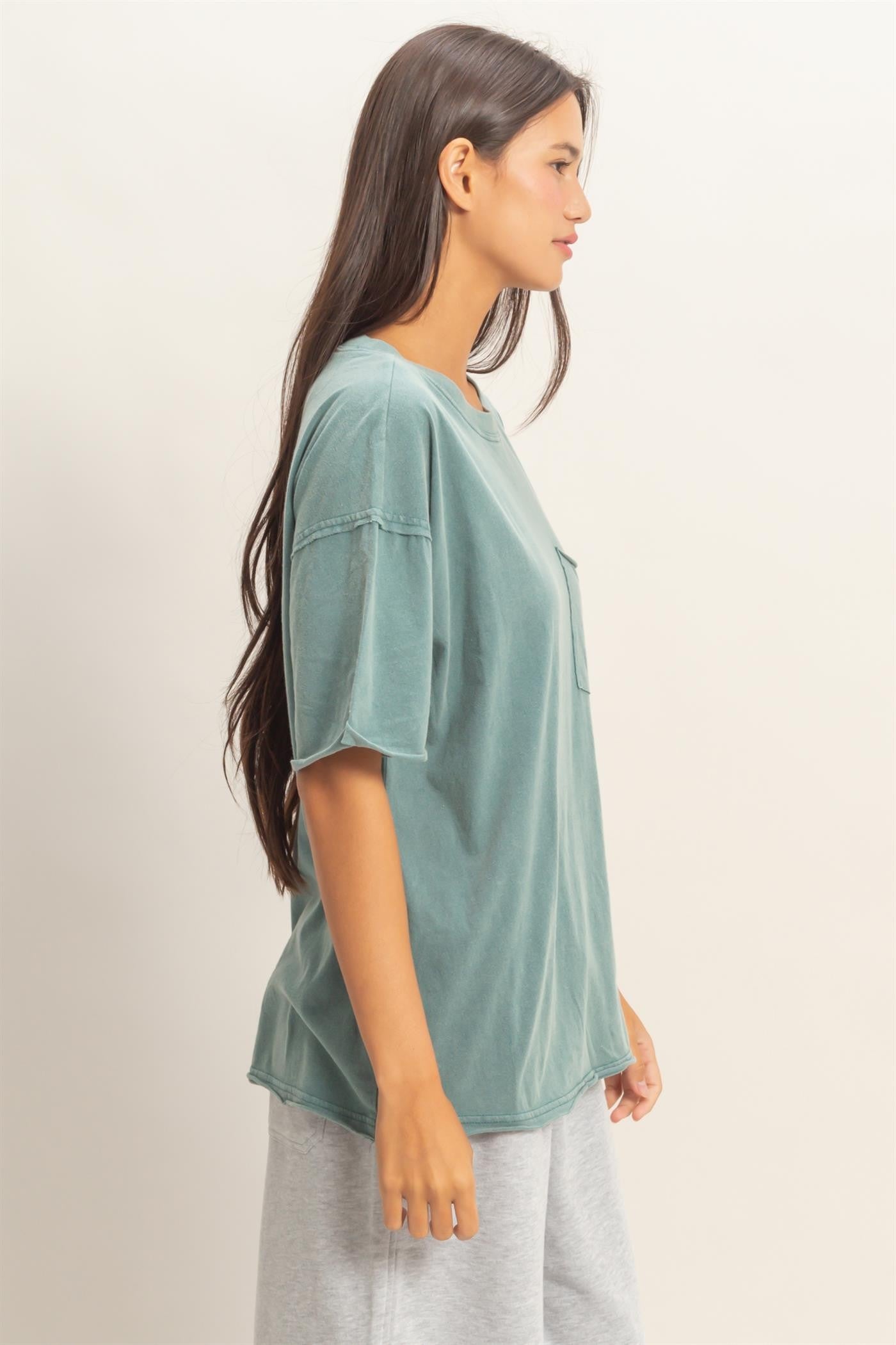 Teal Vintage Wash Raw Edge Pocket T-Shirt
