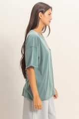 Teal Vintage Wash Raw Edge Pocket T-Shirt