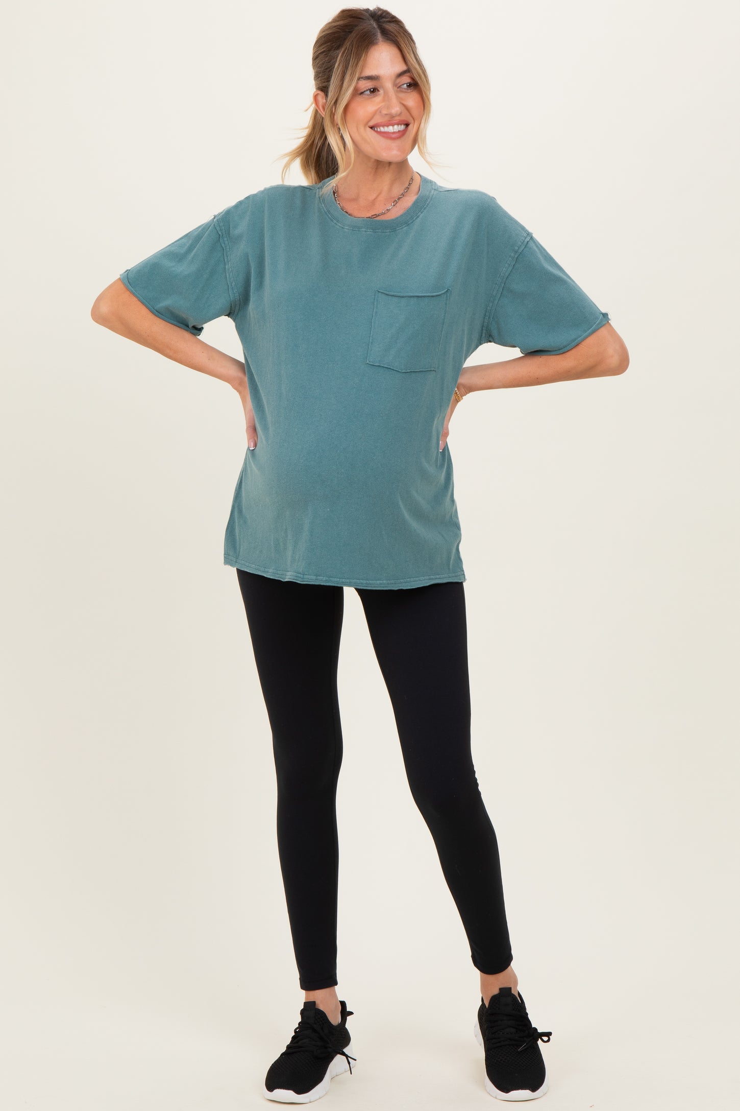 Teal Vintage Wash Raw Edge Pocket Maternity T-Shirt