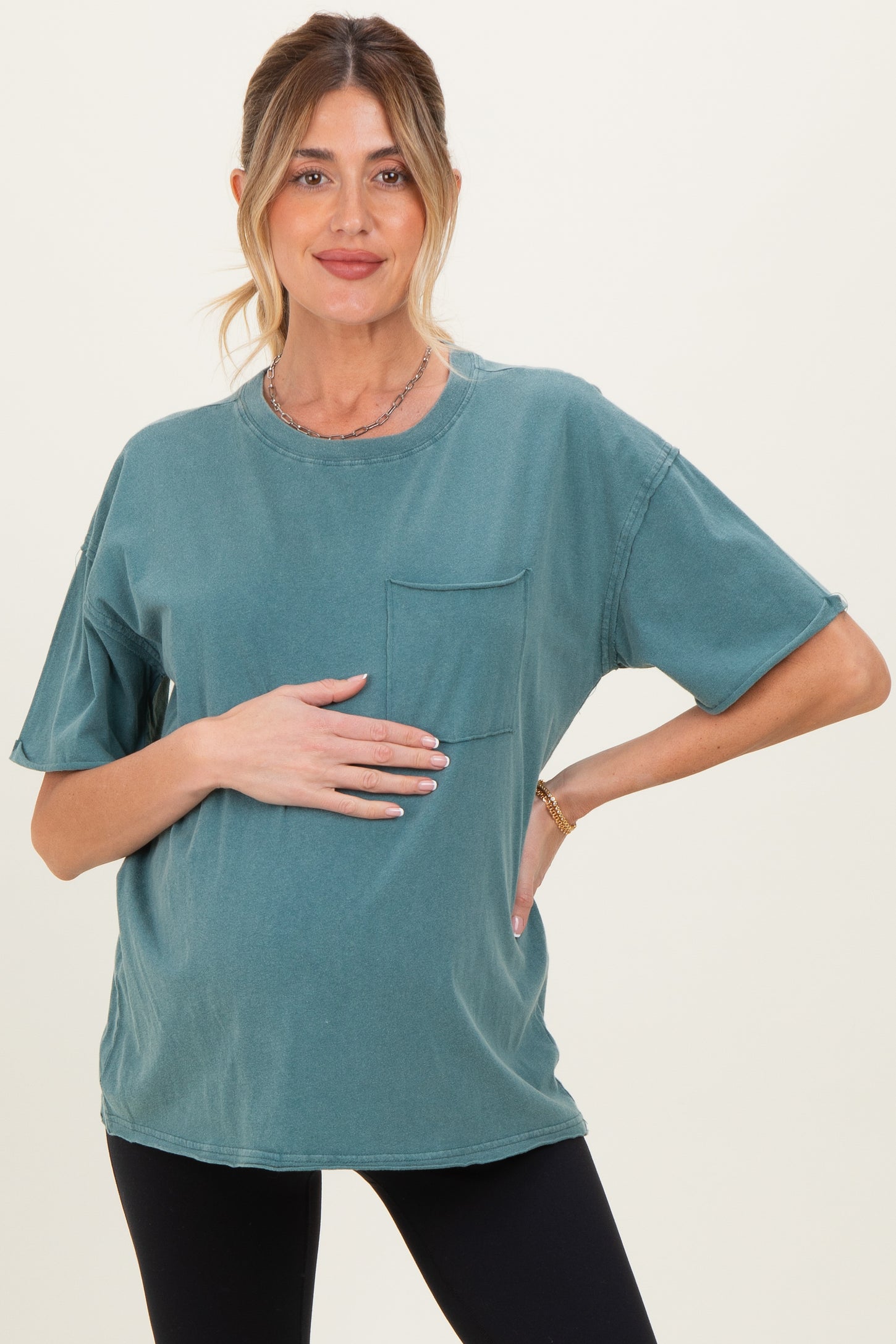 Teal Vintage Wash Raw Edge Pocket Maternity T-Shirt