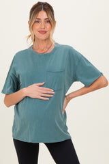 Teal Vintage Wash Raw Edge Pocket Maternity T-Shirt