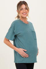 Teal Vintage Wash Raw Edge Pocket Maternity T-Shirt