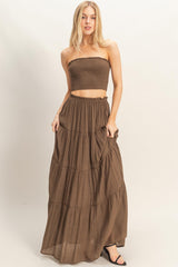 Chocolate Smocked Tube Top Tiered Skirt Maternity Set