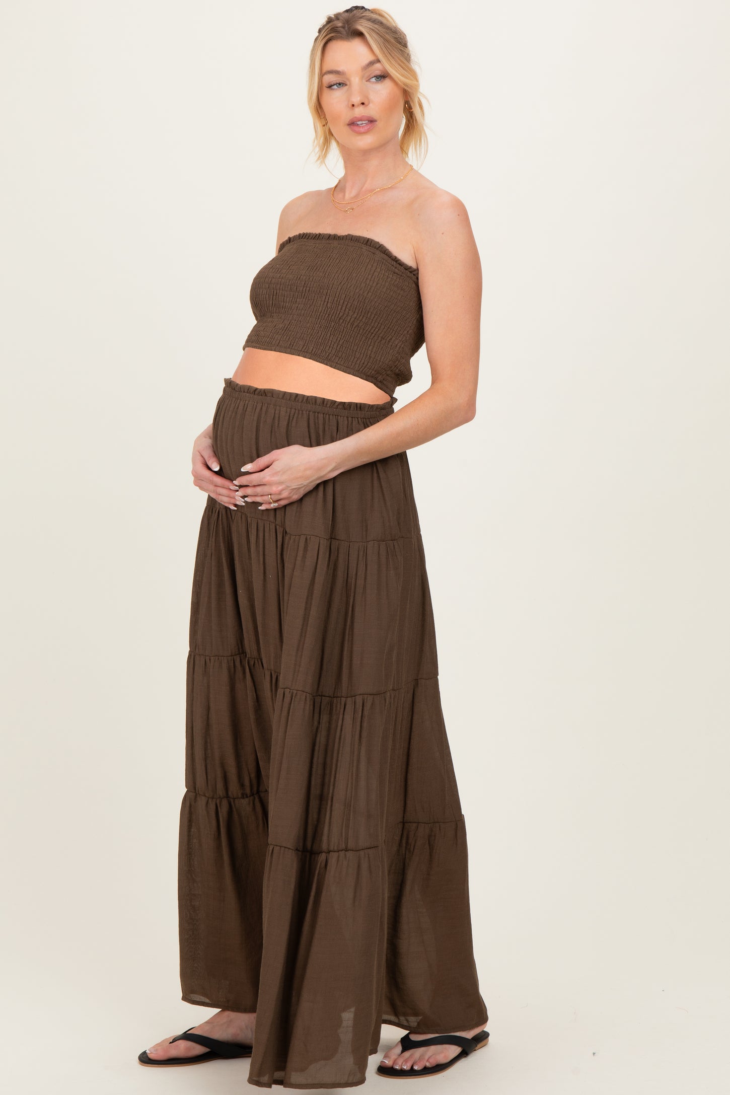 Chocolate Smocked Tube Top Tiered Skirt Maternity Set