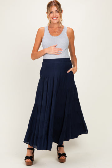 Navy Tiered Maternity Maxi Skirt