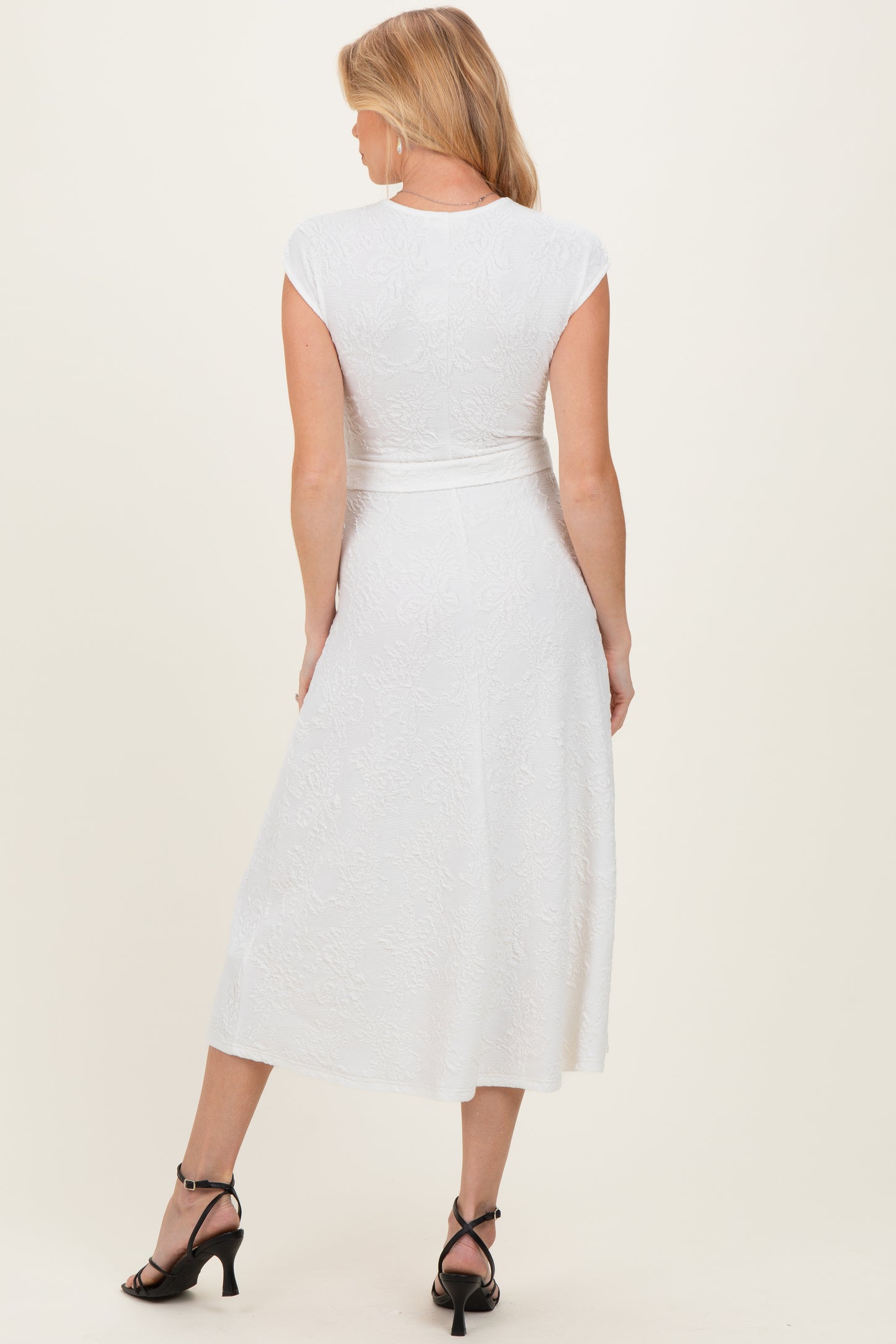 White Jacquard Waist Tie Maternity Midi Dress