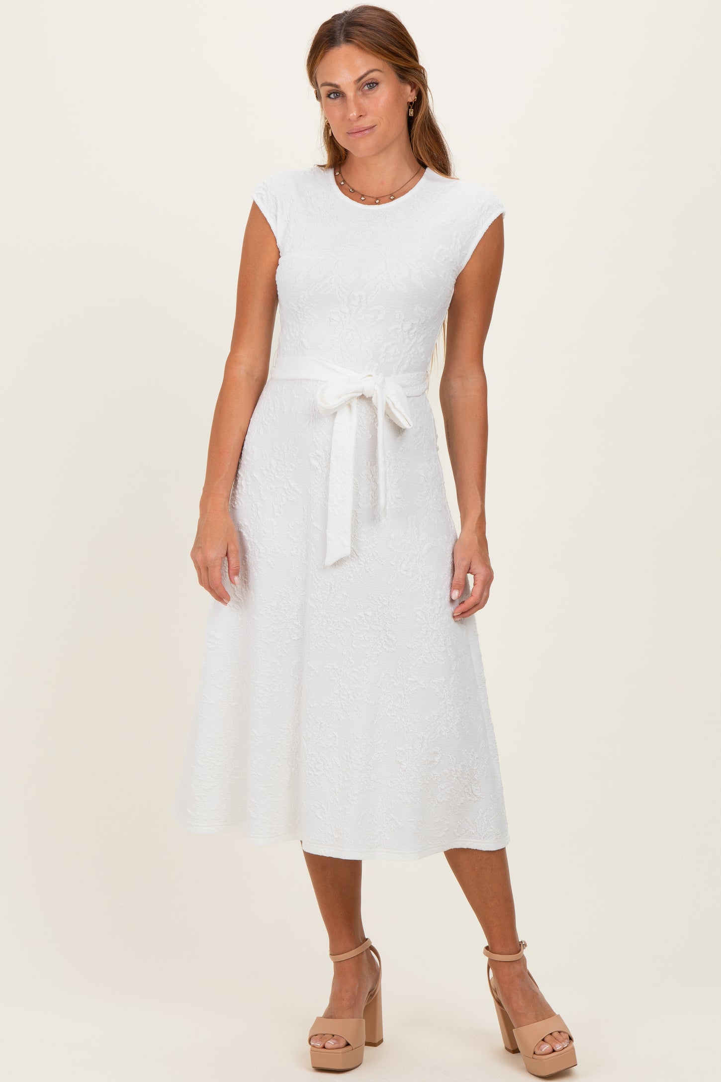 white jacquard midi dress White Jacquard Waist Tie Midi Dress