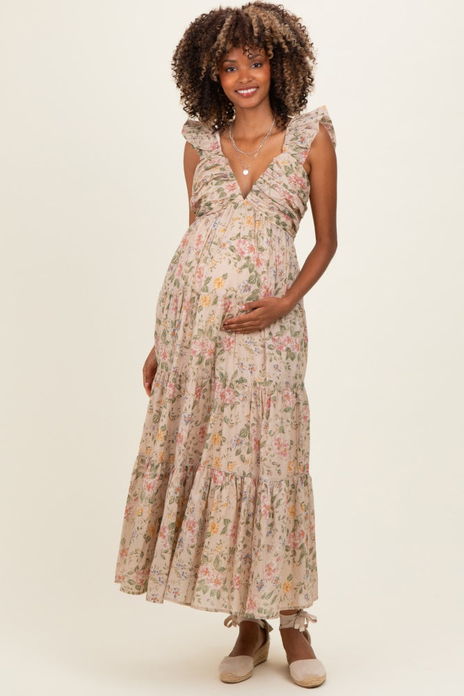 floral v neck midi dress Beige Floral V-Neck Tiered Maternity Midi Dress