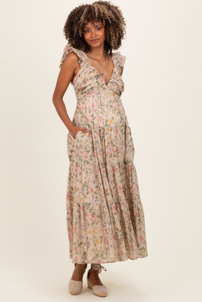 Beige Floral V-Neck Tiered Maternity Midi Dress