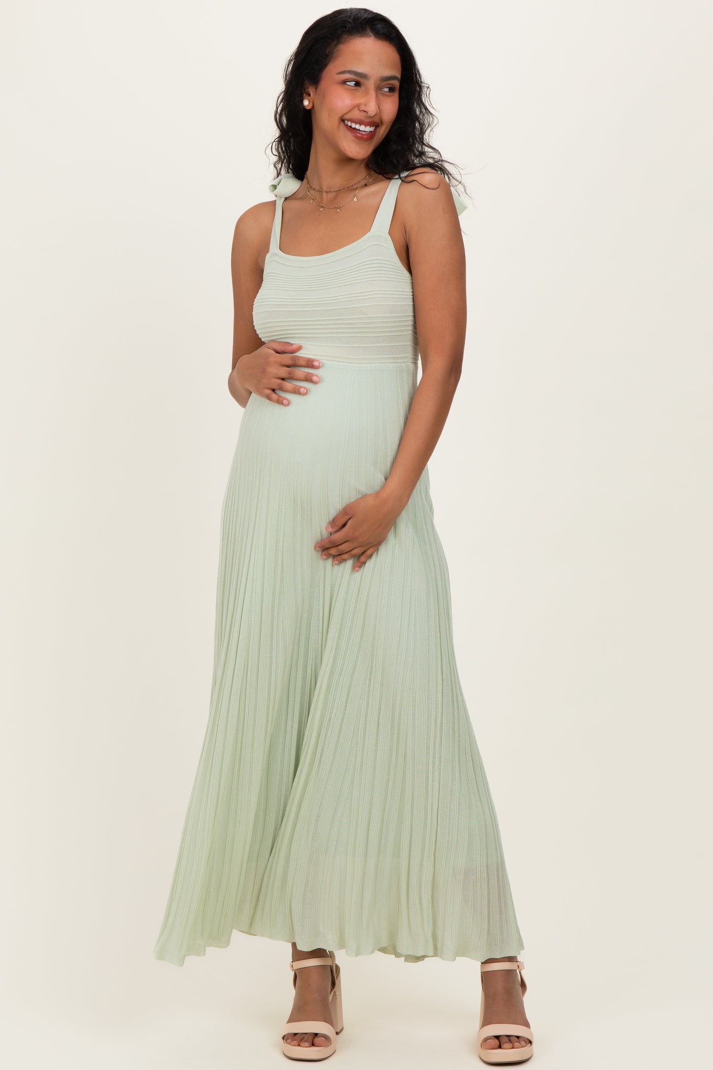 Sage Textured Knit Shoulder Tie Maternity Midi Dress