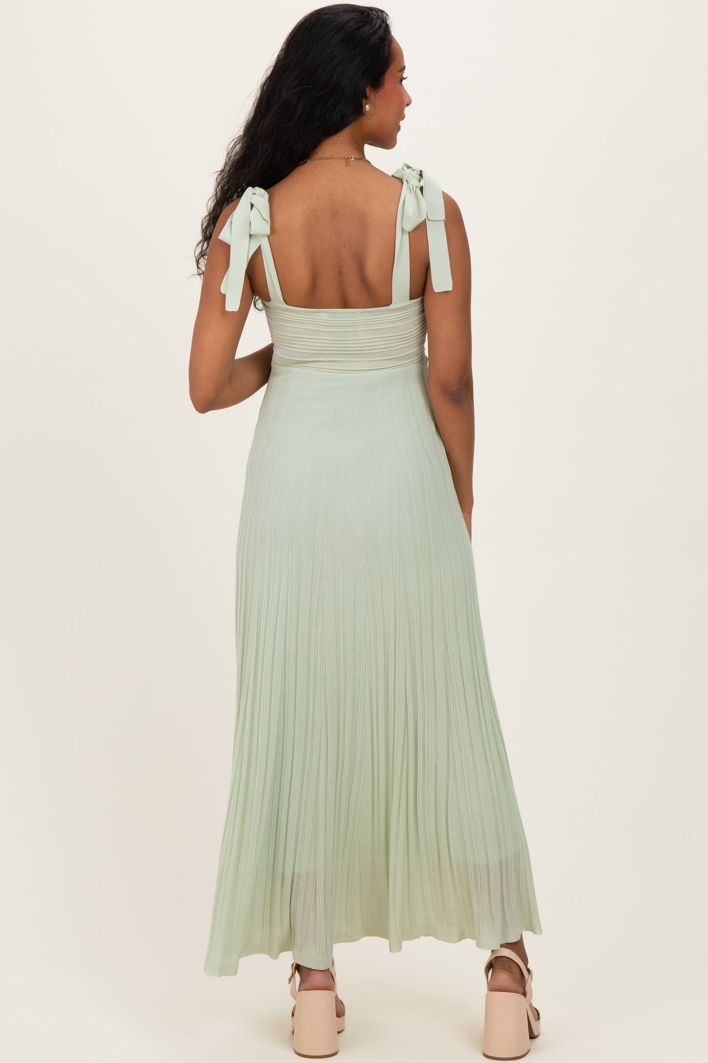 Sage Textured Knit Shoulder Tie Maternity Midi Dress