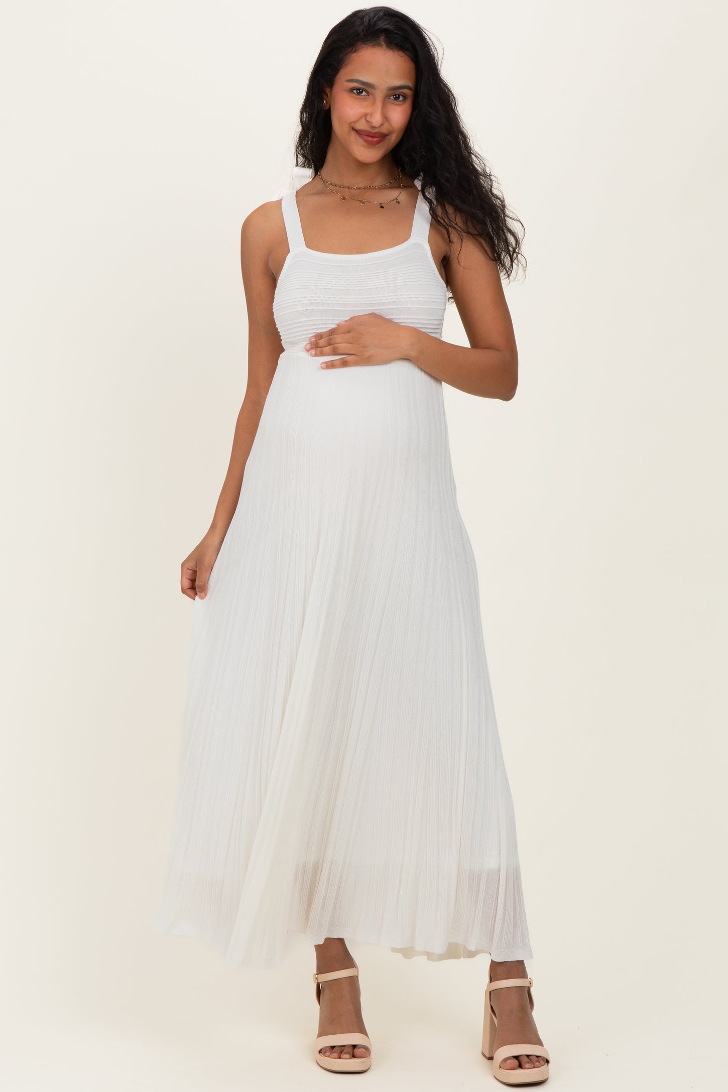 Off White Textured Knit Shoulder Tie Maternity Midi Dress – PinkBlush