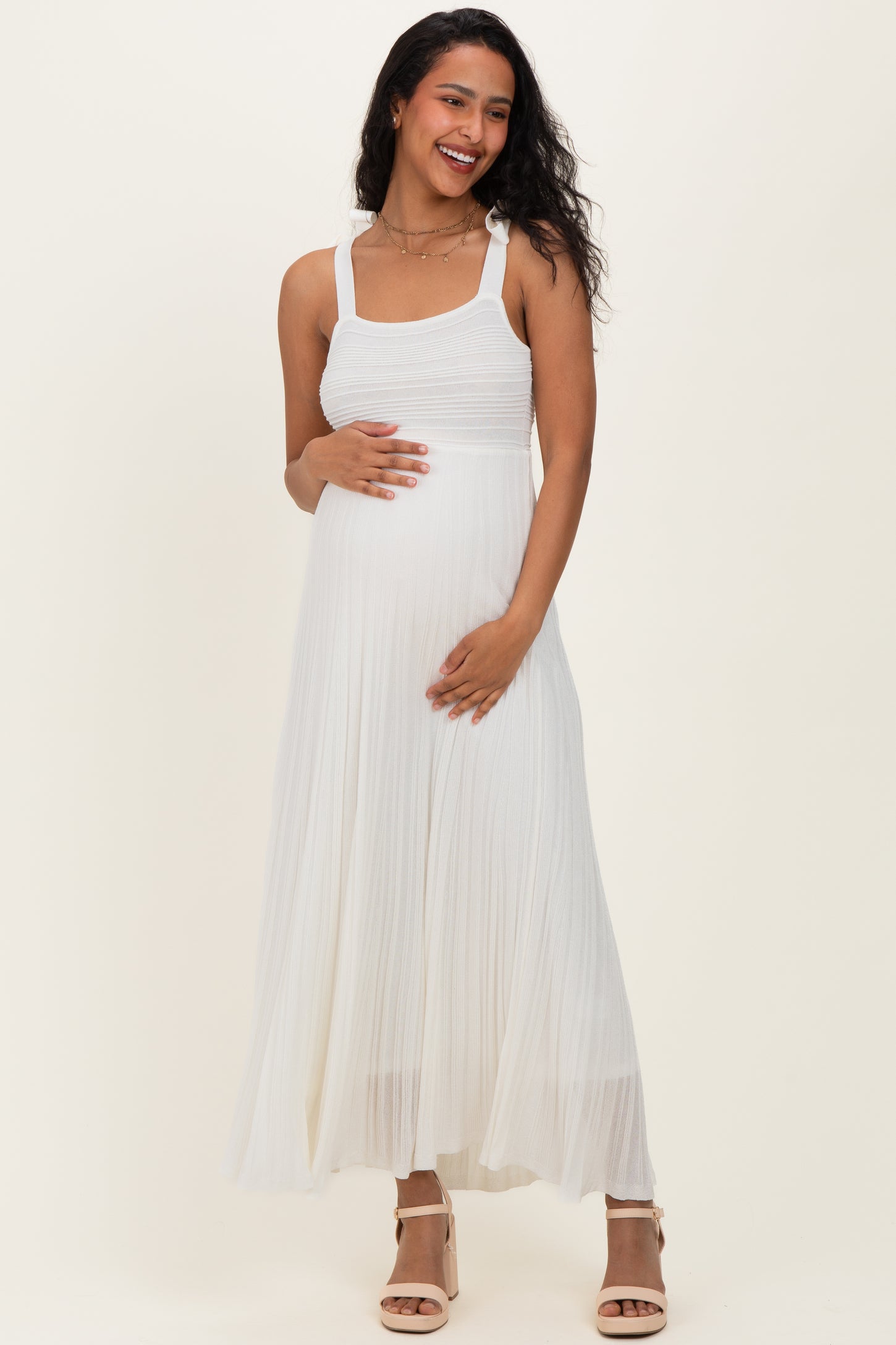 Off White Textured Knit Shoulder Tie Maternity Midi Dress – PinkBlush