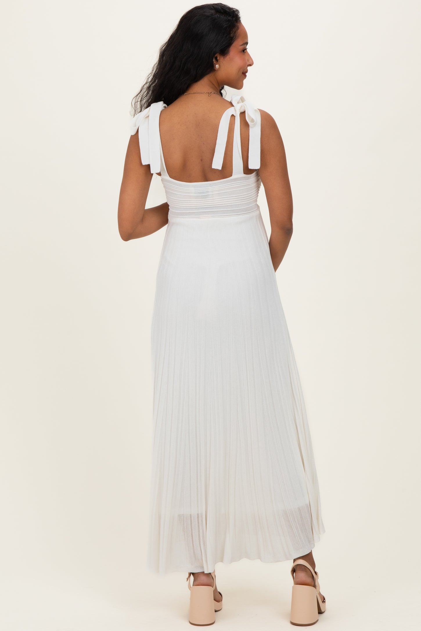 Off White Textured Knit Shoulder Tie Maternity Midi Dress – PinkBlush