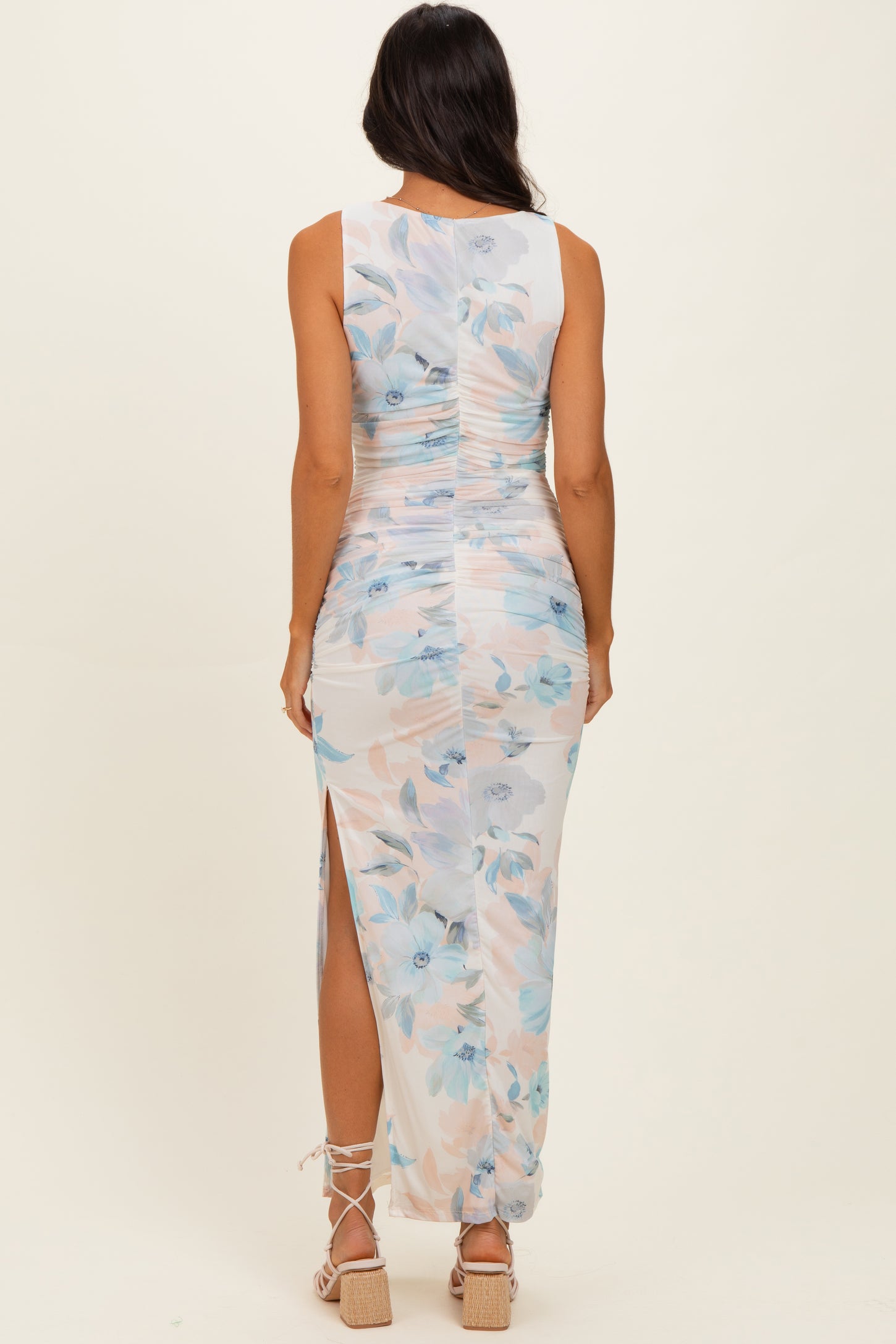 Ivory Floral Ruched Sleeveless Maxi Dress