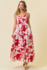 Red Floral Tiered Cutout Tie Back Maternity Maxi Dress