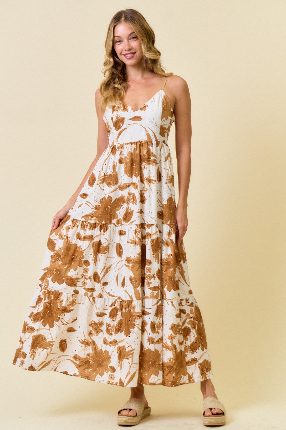 Mocha Floral Tiered Cutout Tie Back Maternity Maxi Dress