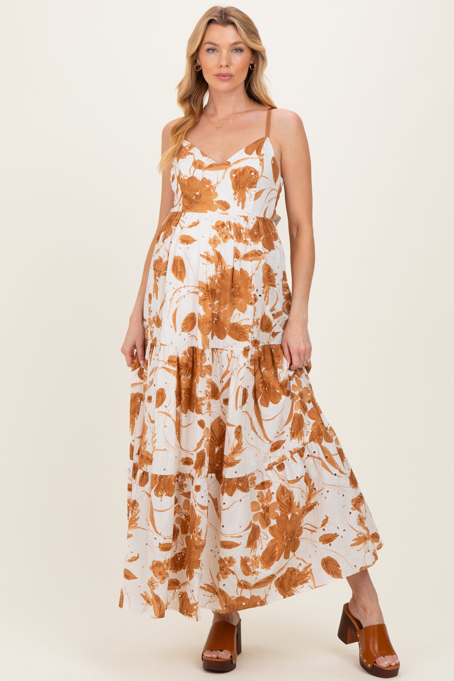 Mocha Floral Tiered Cutout Tie Back Maternity Maxi Dress