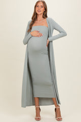 New Sage Ribbed Sleeveless Dress Cardigan Maternity Set