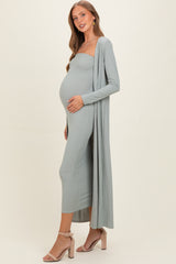 New Sage Ribbed Sleeveless Dress Cardigan Maternity Set