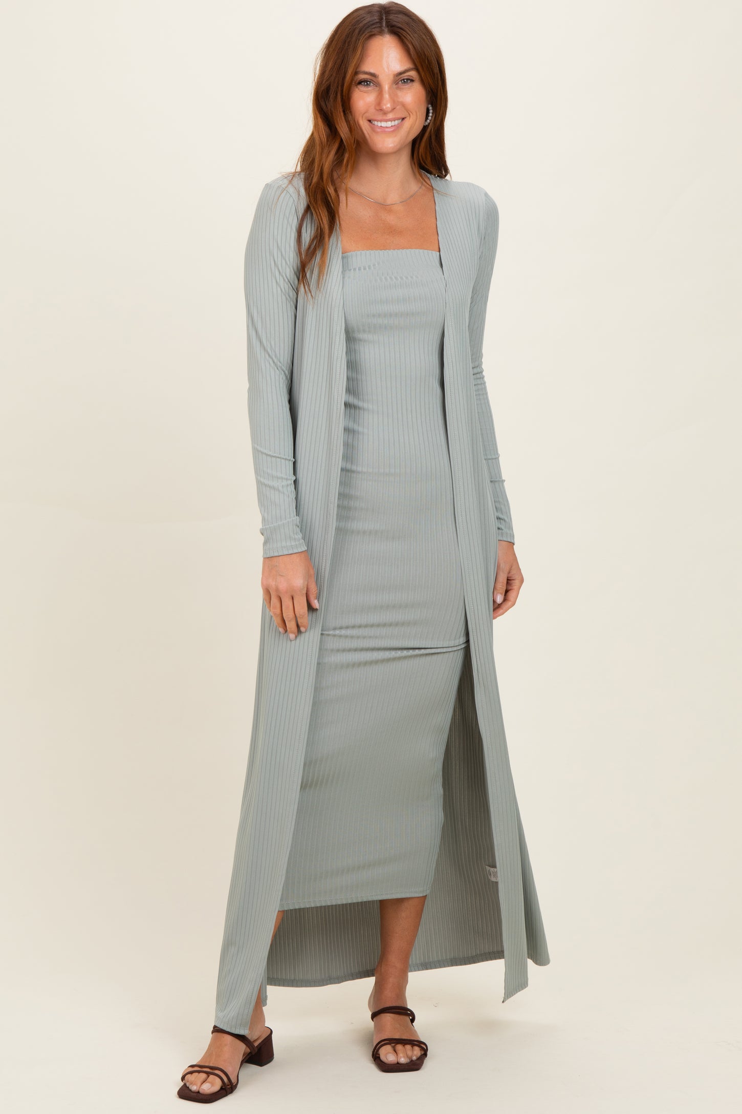New Sage Ribbed Sleeveless Dress Cardigan Maternity Set
