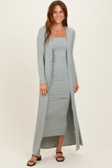 New Sage Ribbed Sleeveless Dress Cardigan Maternity Set