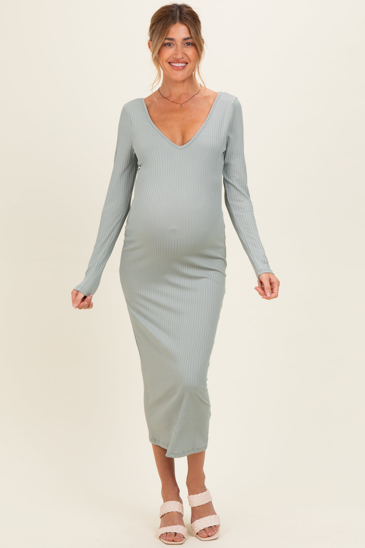 New Sage V-Neck Long Sleeve Fitted Maternity Maxi Dress PinkBlush New Sage V-Neck Long Sleeve Fitted Maternity Maxi Dress PinkBlush