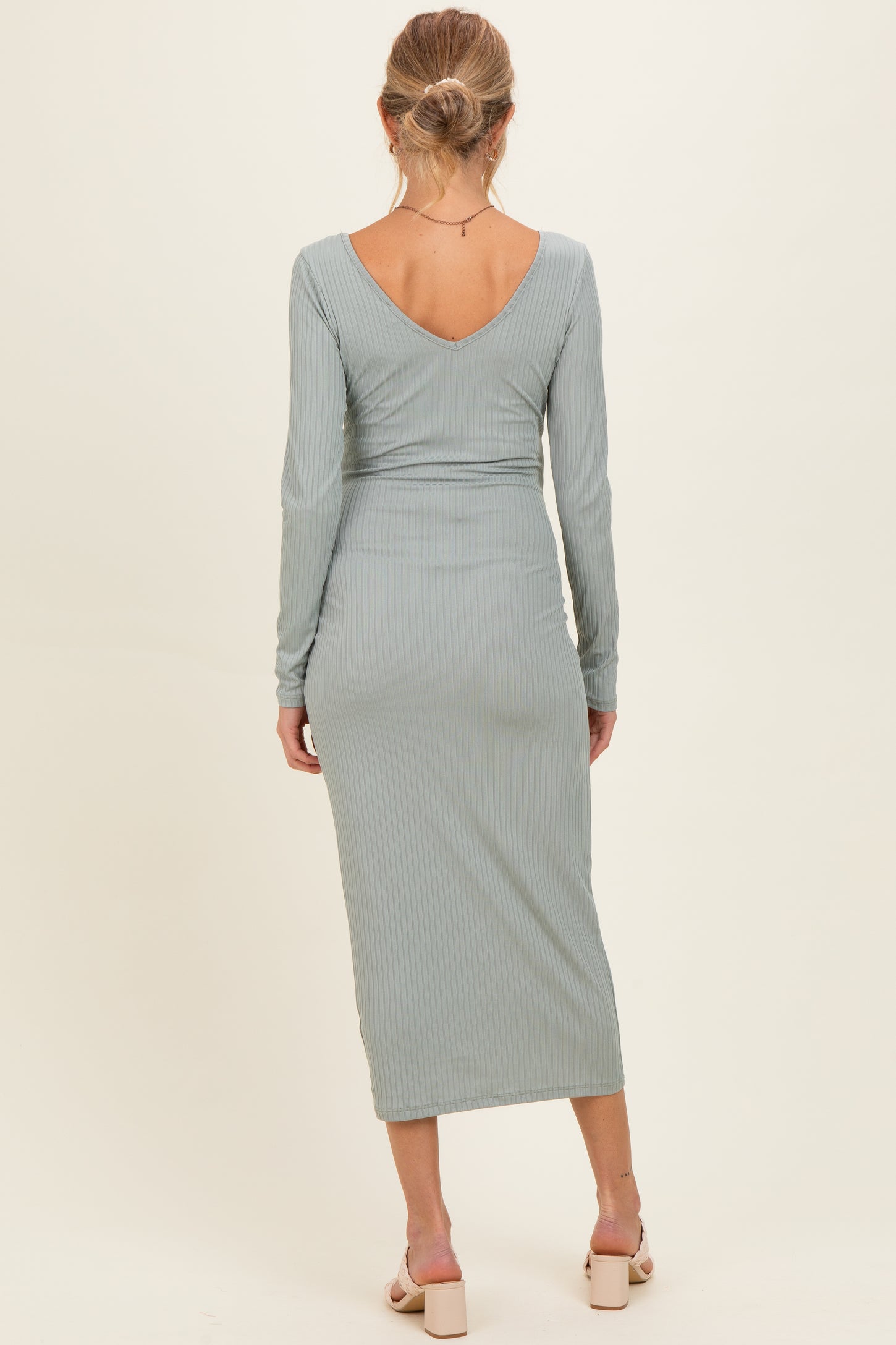 fitted maternity maxi dress Light Olive V-Neck Long Sleeve Fitted Maternity Maxi Dress PinkBlush