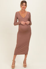 New Mocha V-Neck Long Sleeve Fitted Maternity Maxi Dress