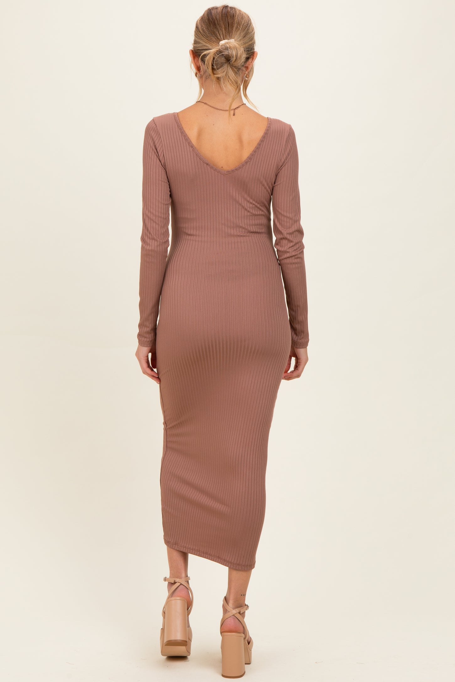 New Mocha V-Neck Long Sleeve Fitted Maternity Maxi Dress – PinkBlush
