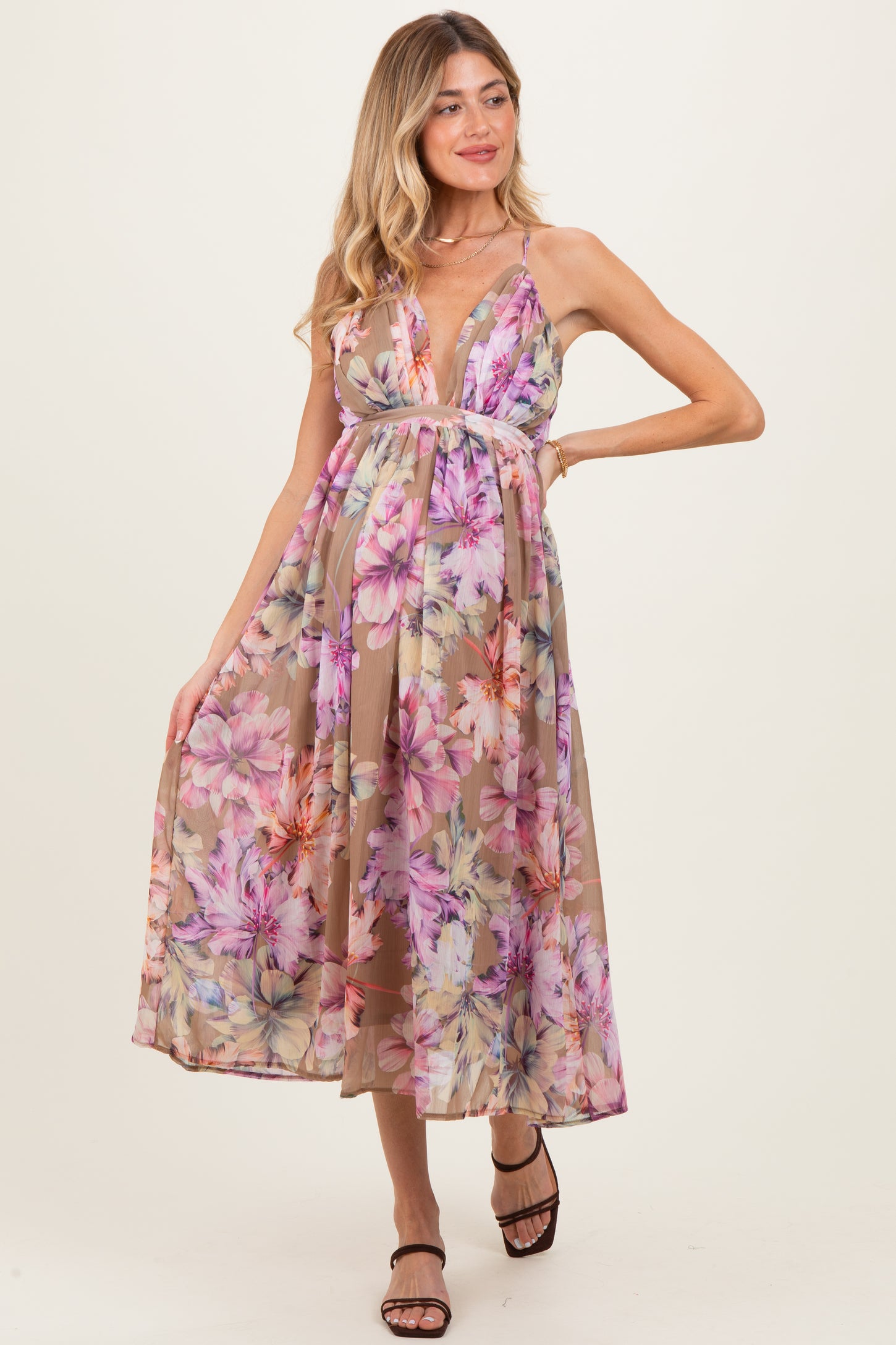 Tan Floral Open Back Maternity Midi Dress