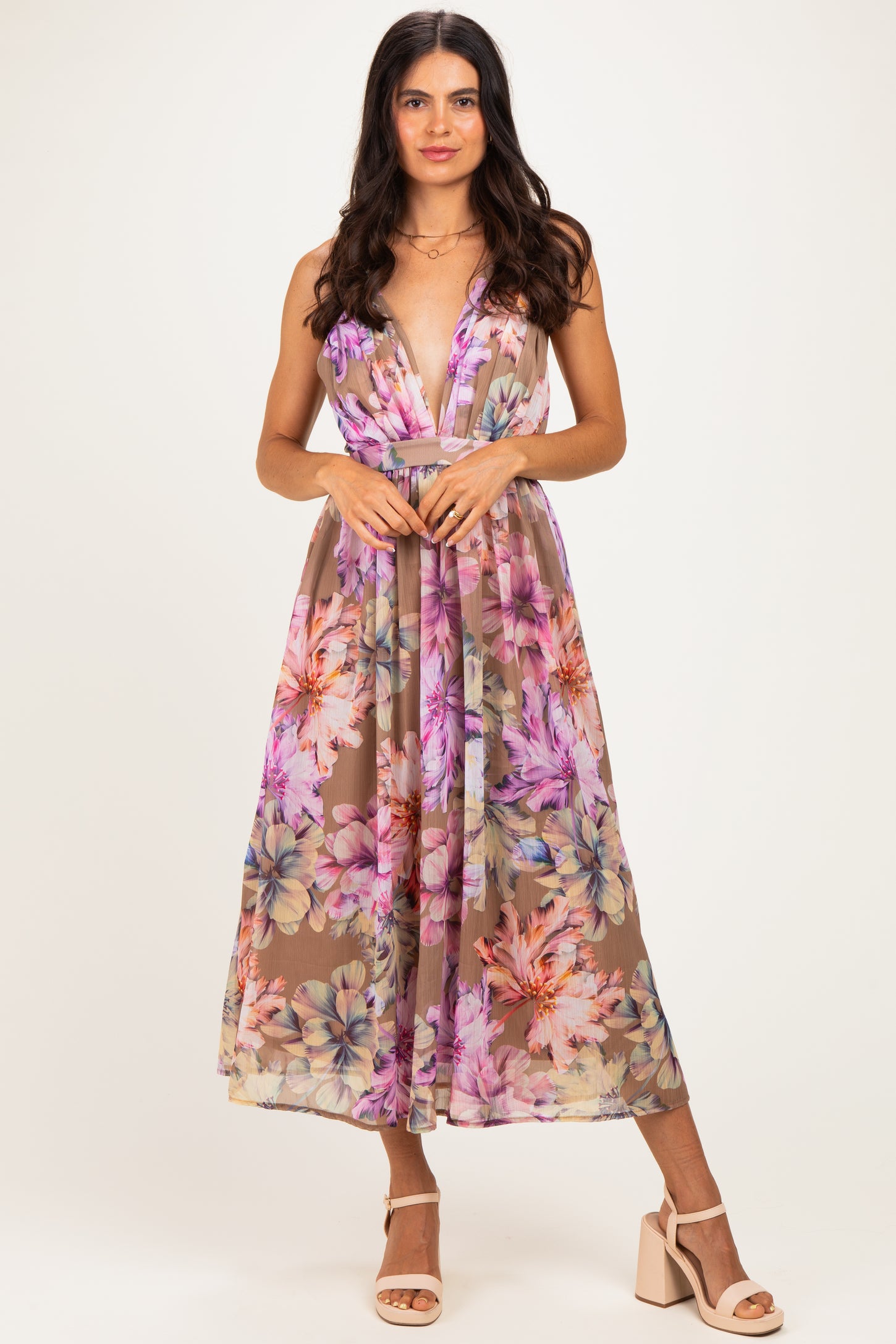 Tan Floral Open Back Maternity Midi Dress