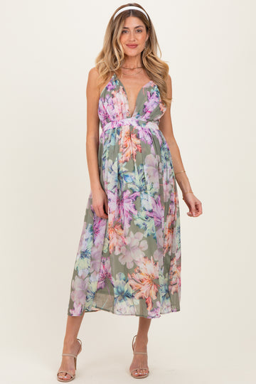 Sage Floral Open Back Maternity Midi Dress